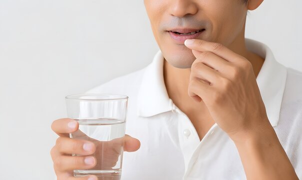 A man in his 50s, Asian, holding a glass of water in one hand and taking a pill.