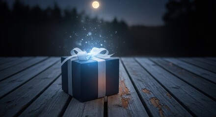 Bright Blue Gift Box with Ribbon on Wooden Deck Under Moonlit Night