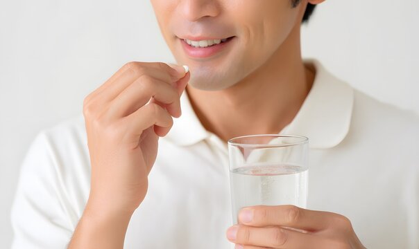 A man in his 50s, Asian, holding a glass of water in one hand and taking a pill.