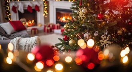 Decorated Christmas Tree with Ornaments and Lights in Cozy Living Room