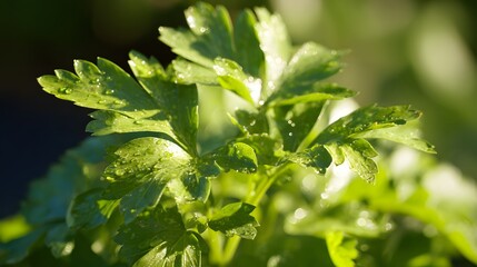 lovage. Fresh green lovage leaves glistening with morning dew. gardening catalogs, home-decor guides, designed for home decor and floral branding, used by recruiters.