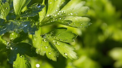 lovage. Fresh green lovage leaves glistening with morning dew. gardening catalogs, home-decor guides, designed for home decor and floral branding, used by recruiters.