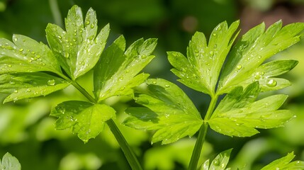lovage. Fresh green lovage leaves glistening with morning dew. gardening catalogs, home-decor guides, designed for home decor and floral branding, used by recruiters.