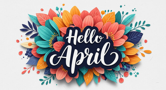 Hello april lettering surrounded by colorful spring flowers