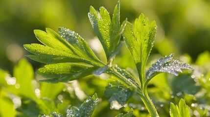 lovage. Fresh green lovage leaves glistening with morning dew. gardening catalogs, home-decor guides, designed for home decor and floral branding, used by recruiters.