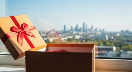 Open Gift Box with Red Ribbon on Windowsill Overlooking City Skyline in Bright Daylight