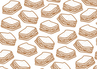Seamless pattern of hand drawn sandwiches in doodle style. Brown and white food background with sketch bread and layers of fillings. Perfect for cafe branding, packaging design, and restaurant