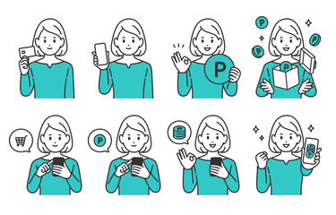 クレジットカードやスマホで買い物をする･ポイントを貯める若い女性のセット【人物ベクターイラスト素材】