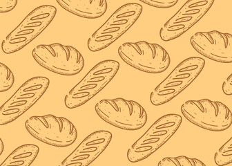 Seamless pattern of hand drawn bread and baguette in doodle style. Brown line illustration on cream background, perfect for bakery branding, packaging, wrapping paper, and cafe decoration