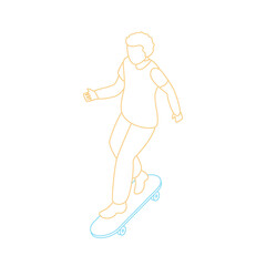 Young Person On Skateboard With Orange Outline Dotted Silhouette And Blue Skateboard On White Background