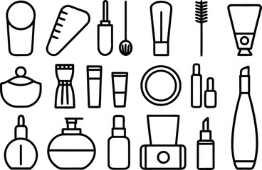 Minimalist line art vector icons set of cosmetic makeup and skincare products