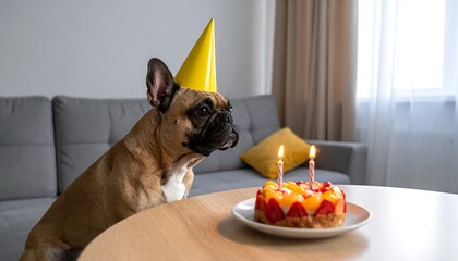 A French bulldog wearing a party hat gazes at a birthday cake with lit candles on a table. The dog sits on a couch