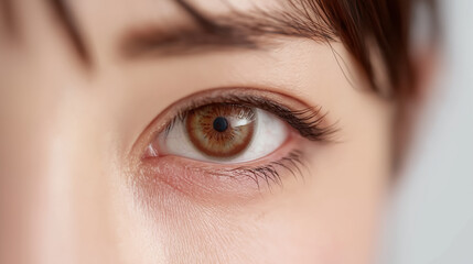 Obraz premium Close-up of human brown eye with detailed iris texture and natural reflection light