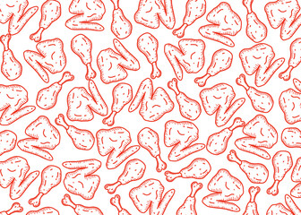 Seamless pattern of hand drawn fried chicken drumsticks and wings in doodle style. Red and white food background with sketch texture. Perfect for restaurant design, food packaging