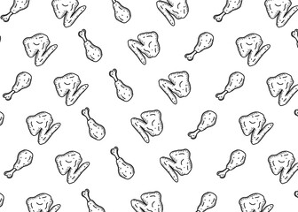 Seamless pattern of hand drawn fried chicken drumsticks and wings in doodle style. Black and white food background with sketch texture. Perfect for restaurant design, food packaging, and culinary