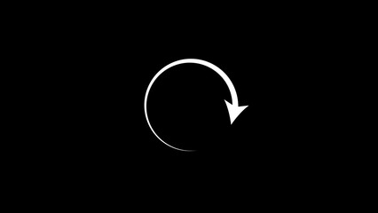 Simple white hand drawn circular arrow icon with a pointed end on a stark black background representing rotation or refresh
