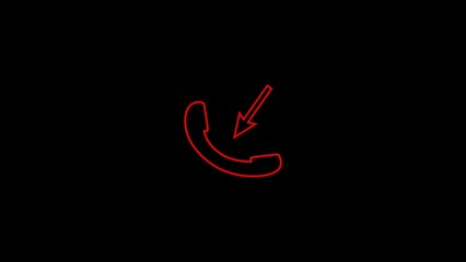 Red neon outline of a classic telephone receiver with an arrow pointing down on a black background symbolizing communication and connection