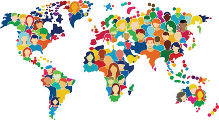 colorful mosaic of peoples profiles forming world map. © Wesly