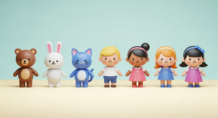 Diverse cartoon children and animal figurines standing together