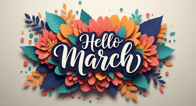 Hello march lettering with colorful paper flowers