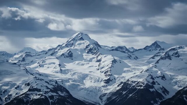 Majestic slow pan across a snow-capped northern mountain range under a dramatic, moody sky with soft light wide shot, soft light, silent