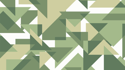 Dynamic Camouflage Abstract Triangle Pattern: A Bold, Intersecting Geometric Design with Overlapping and Transparent Shapes in Various Shades of Military Green and Khaki on a White Background