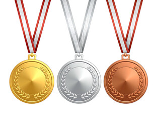Three medals (gold, silver, and bronze) with striped ribbons hanging, presented against a transparent background