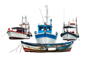 Three old fishing boats docked close together, showing masts and hull details, against a black background