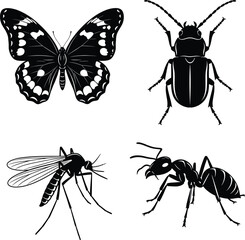 Insect silhouette vector illustration set, detailed black and white butterfly, beetle, mosquito, and ant design for nature, science, and decoration projects