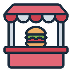 burger shop food stall filled line icon for street market
