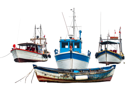 Three old fishing boats docked close together, showing masts and hull details, against a black background