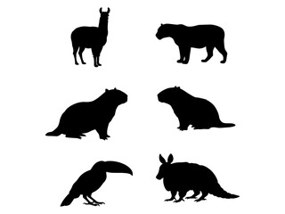 Set of Silhouette Vector Illustrations of Various South American Animals on a White Background