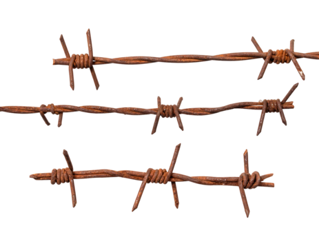 Three rusty barbed wire strands against a black background, sharp spikes visible, conveying confinement and danger