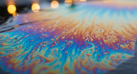 Naklejka premium Swirling iridescent oil slick with rainbow hues on dark surface blurred bokeh lights on top