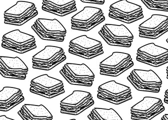Seamless pattern of hand drawn sandwiches in doodle style. Black and white food background with sketch bread and layers of fillings. Perfect for cafe branding, packaging design, and restaurant