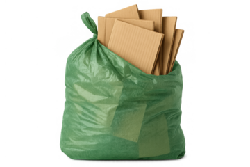 Green trash bag holding cardboard pieces, symbolizing recycling, waste management, and environmental conservation with transparent background