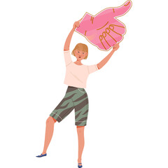 Young Woman Holding Up Large Pink Foam Finger Celebrating a Victory Wearing Casual Outfit Against Transparent Background