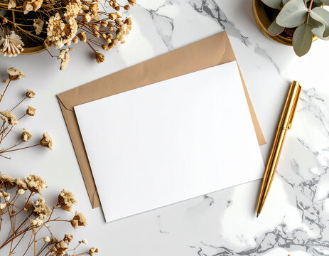 Elegant stationery mockup featuring a blank card, kraft envelope, and a gold pen on a chic marble surface perfect for wedding invitations and heartfelt notes