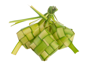 Three woven, light-green diamond-shaped food containers are gathered together, leaves coming out the top, on black