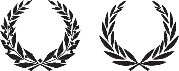 Two Black Laurel Wreaths, Smooth and Geometric Leaf Styles, Vector Set