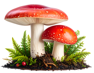 Two bright red mushrooms with white spots grow in a bed of green ferns and dark soil