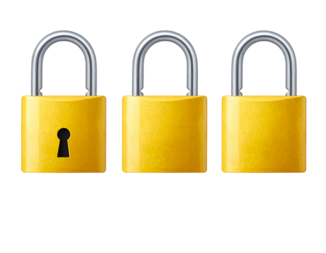 Three yellow padlocks lined up against a black background, one showing a keyhole