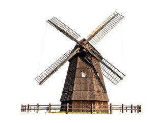 Traditional wooden windmill with four arms stands above a short fence against a dark background