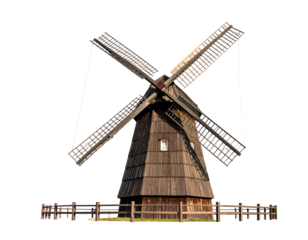 Traditional wooden windmill with four arms stands above a short fence against a dark background