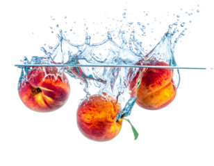 Three peaches plunge into splashing water against a stark black background, capturing a dynamic food moment