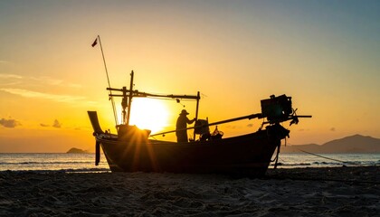 Obraz premium Silhouette of working fisherman and wooden boat in the sea shore with sunset time warm lighting dark shadow.
