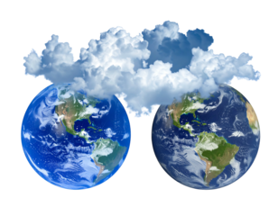 Two Earths connect via fluffy white clouds, rendered against a black background