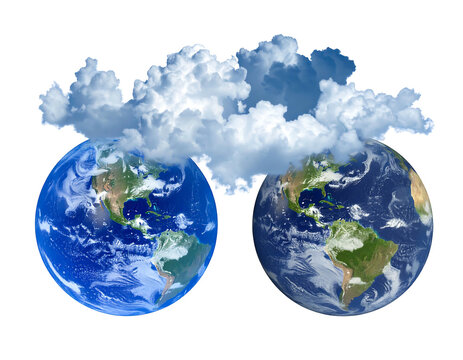 Two Earths connect via fluffy white clouds, rendered against a black background