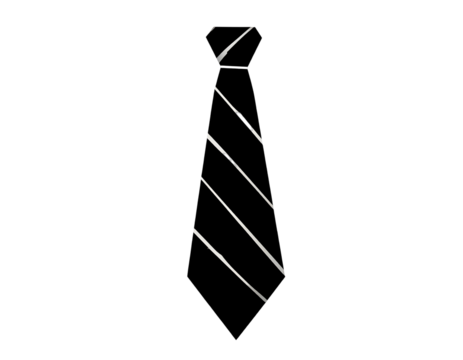 Tie outline on black white lines depict a necktie with diagonal stripes, isolated on a stark black background