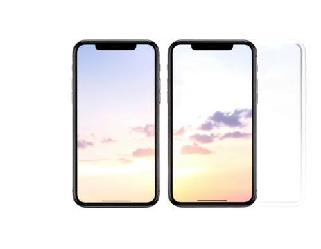 Three phones display sunset sky, one is a blank white outline. Isolated on black